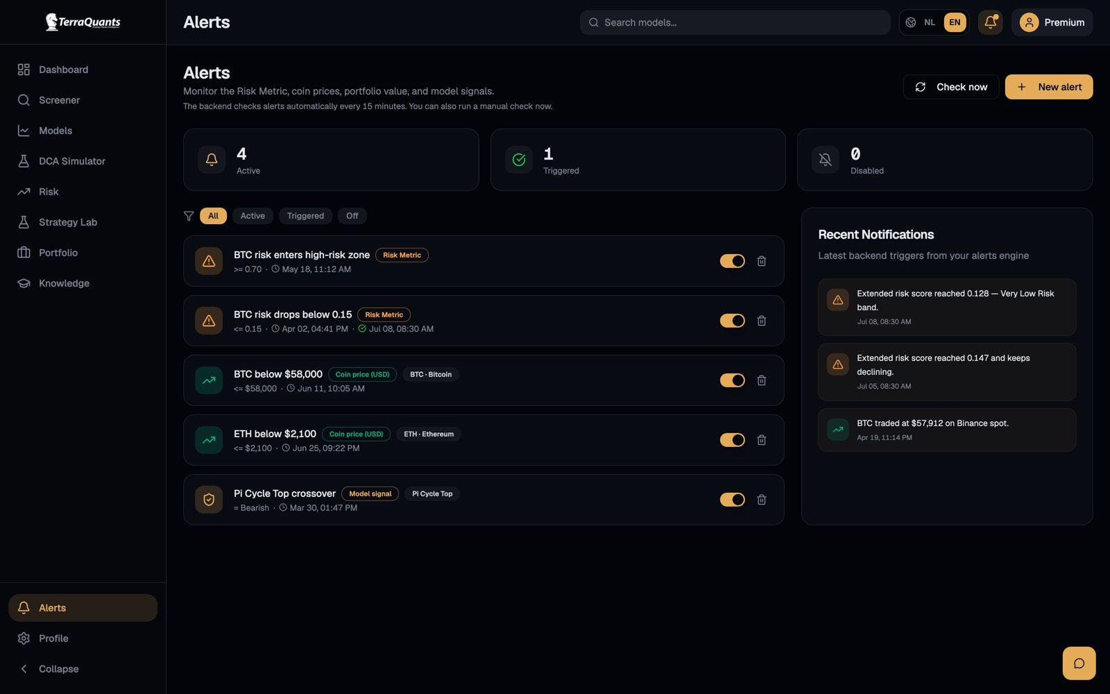Alerts engine with rules and recent notifications